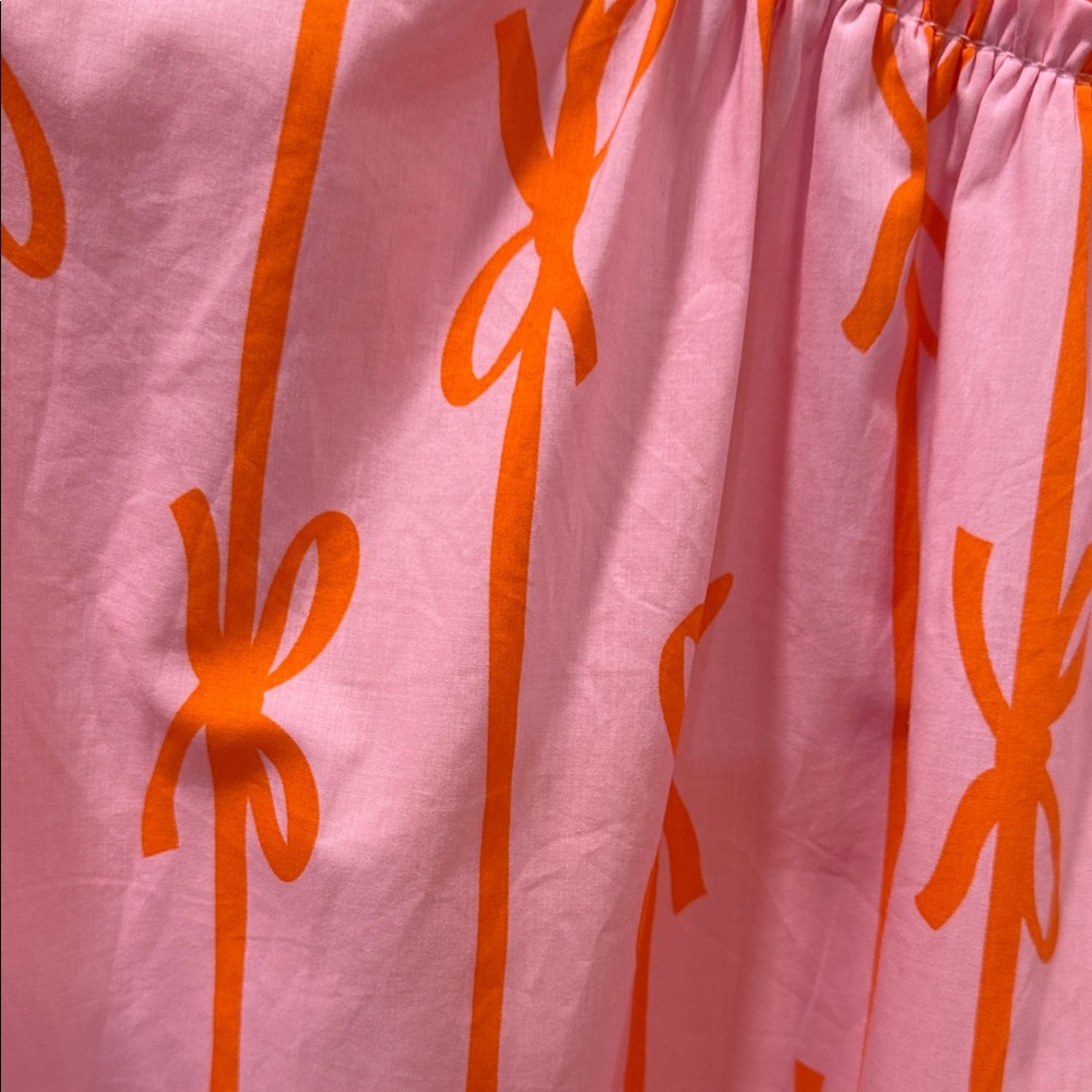 Umgee Small Pink Midi Dress with Orange Bow Print and Puff Sleeves with belt - Picture 7 of 8